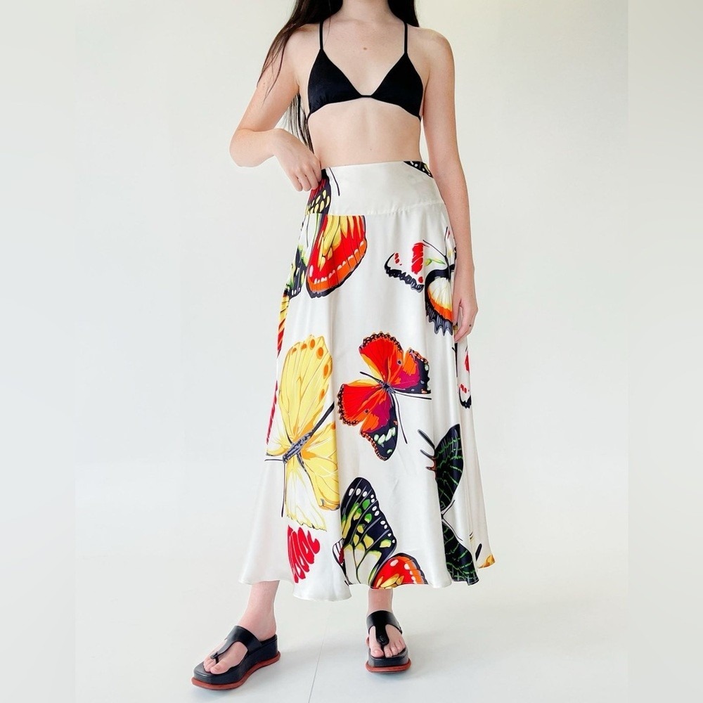 Neiman Marcus White Butterfly-Print A-Line Skirt with Yellow & Red Accents